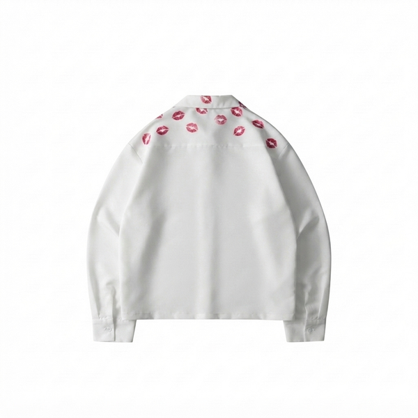 KUREON Crimson Rose Premium Satin Shirt – White Oversized Button-Up Floral Streetwear Shirt