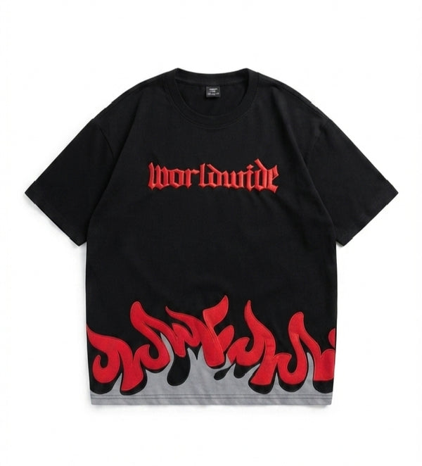 KUREON Worldwide Flame Oversized Graphic T-Shirt – Premium Black Cotton Streetwear