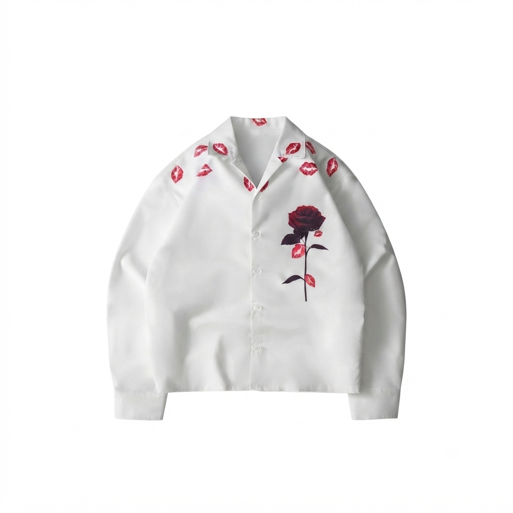 KUREON Crimson Rose Premium Satin Shirt – White Oversized Button-Up Floral Streetwear Shirt