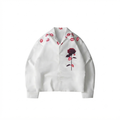 KUREON Crimson Rose Premium Satin Shirt – White Oversized Button-Up Floral Streetwear Shirt
