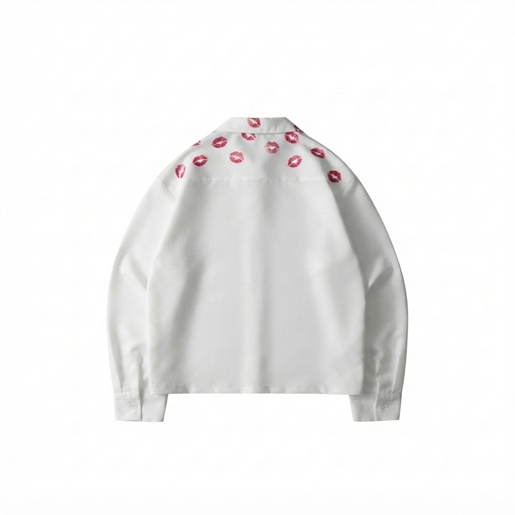 KUREON Crimson Rose Premium Satin Shirt – White Oversized Button-Up Floral Streetwear Shirt