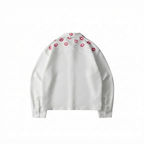 KUREON Crimson Rose Premium Satin Shirt – White Oversized Button-Up Floral Streetwear Shirt