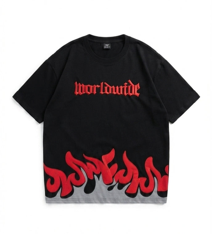 KUREON Worldwide Flame Oversized Graphic T-Shirt – Premium Black Cotton Streetwear