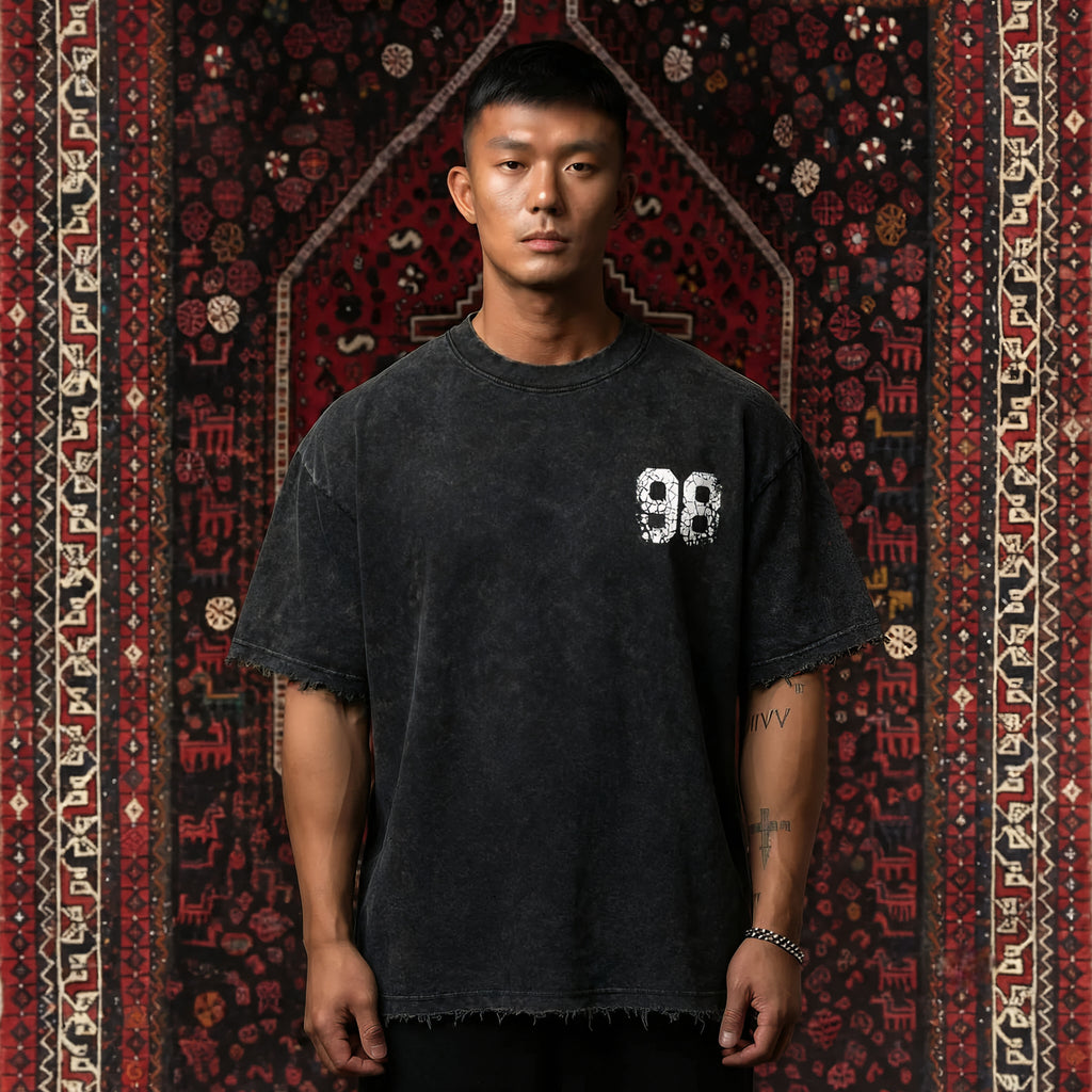 KUREON Vintage Acid Wash Oversized T-Shirt – Distressed Streetwear Cotton Tee | Black