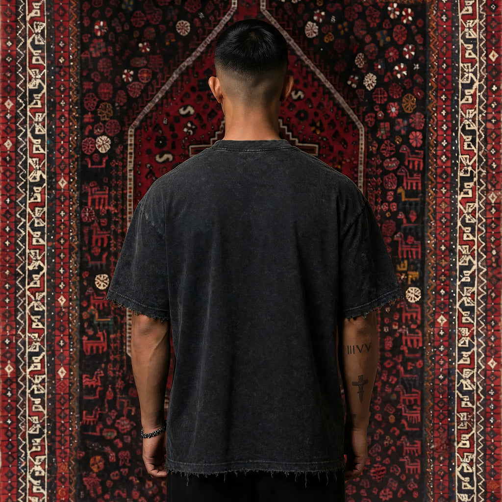 KUREON Vintage Acid Wash Oversized T-Shirt – Distressed Streetwear Cotton Tee | Black