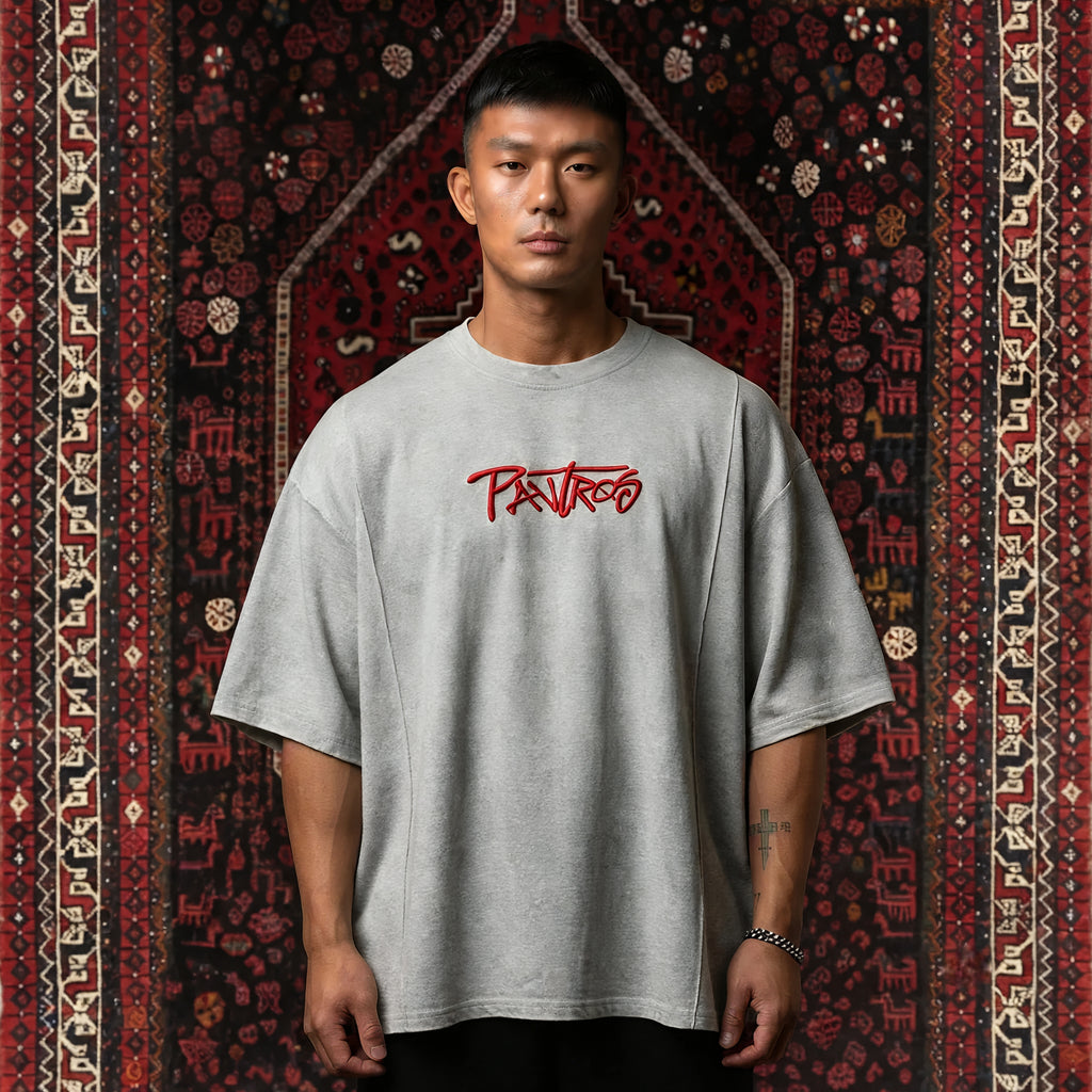 KUREON Signature Embroidered Oversized T-Shirt – Premium Cotton Grey Streetwear Tee