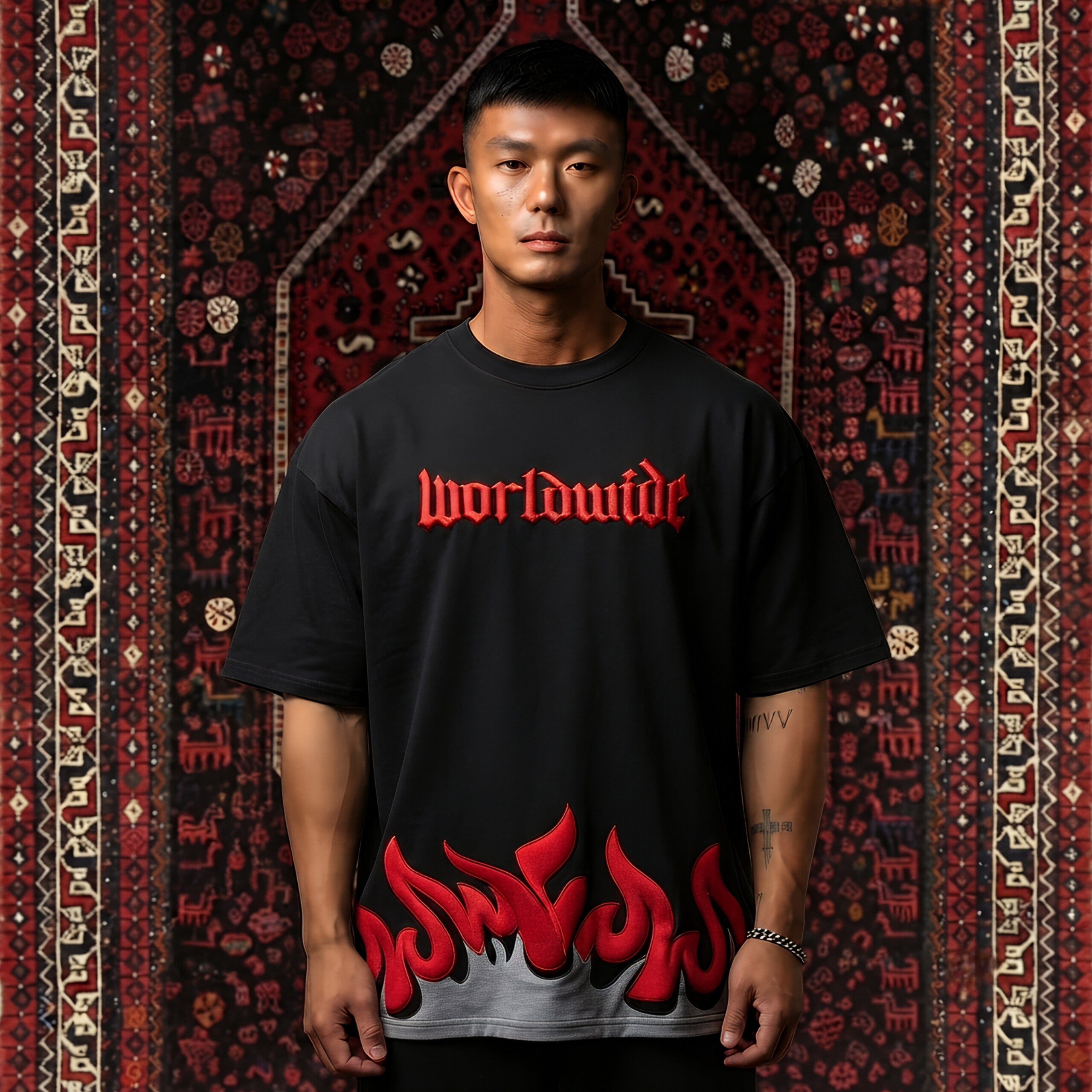 KUREON Worldwide Flame Oversized Graphic T-Shirt – Premium Black Cotton Streetwear